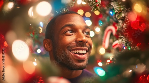 Joyful Man Smiling Amidst Sparkling Christmas Lights