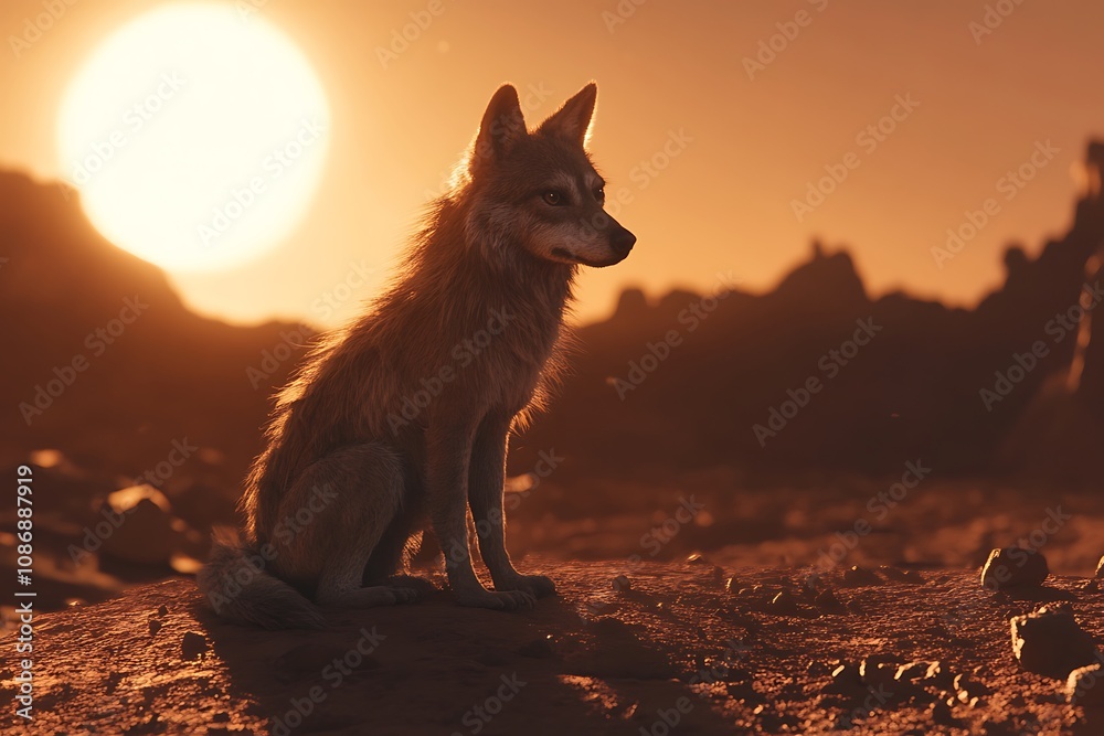 A wolf sits against a sunset backdrop, evoking a serene, otherworldly atmosphere. A wolf sits against a sunset backdrop, evoking a serene, otherworldly atmosphere.