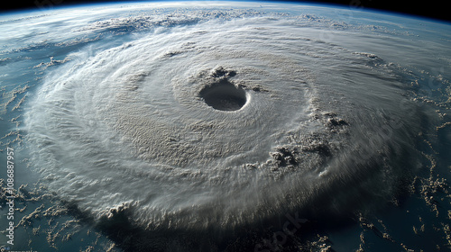 A massive hurricane spinning over the ocean with thick clouds and a distinct eye revealing the intense nature of this storm system