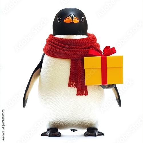 Adorable Penguin with a Gift Festive Winter Holiday Card photo