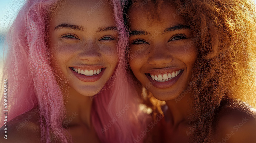 Fototapeta premium Two friends with vibrant hair colors enjoy a sunny day at the beach, showcasing their joy and strong bond in a beautiful coastal setting