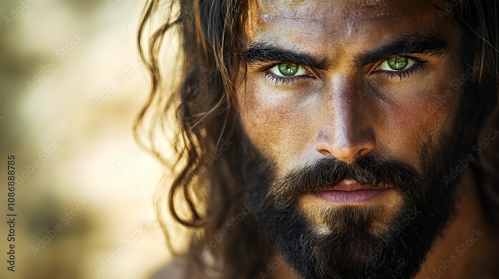 AI Generated Image of portrait of serious Jesus Christ with green eyes, beard and wavy hair looking at camera in daylight AI Generated Image of portrait of serious Jesus Christ with green eyes, beard and wavy hair looking at camera in daylight