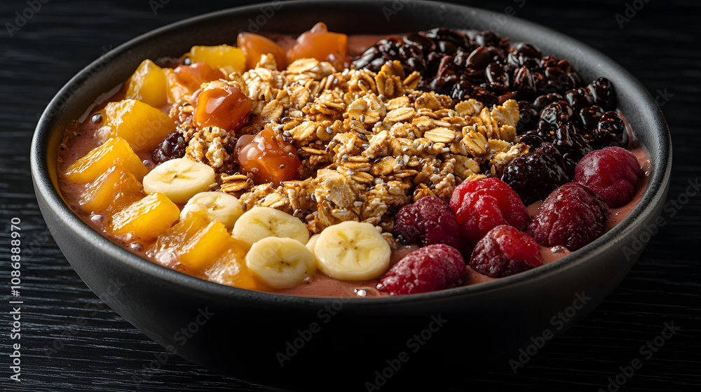 Exquisite Aþaà Smoothie Bowl Blended with Milk: A Tantalizing and Colorful Breakfast Full of Fruits and Seeds Exquisite Aþaà Smoothie Bowl Blended with Milk: A Tantalizing and Colorful Breakfast Full of Fruits and Seeds