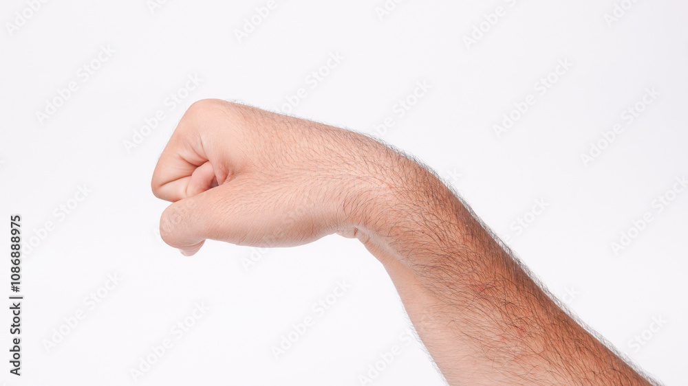 Hand Gesture Of Male Clenched Fist Symbolizing Strength And Ready To Punch On White Background Hand Gesture Of Male Clenched Fist Symbolizing Strength And Ready To Punch On White Background