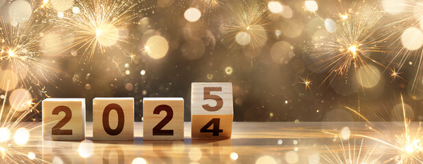 2025 New Year Celebration - Wooden Number Blocks And Golden Fireworks At Eve Night With Abstract Defocused Lights