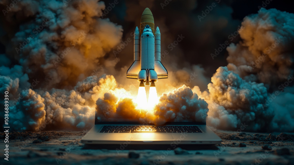 Fototapeta premium A small rocket takes off from a laptop, surrounded by dramatic smoke, showcasing a unique blend of technology and imagination at night