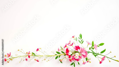 Delicate pink and white blossoms on a vine with green leaves create a graceful floral border on a pristine white background