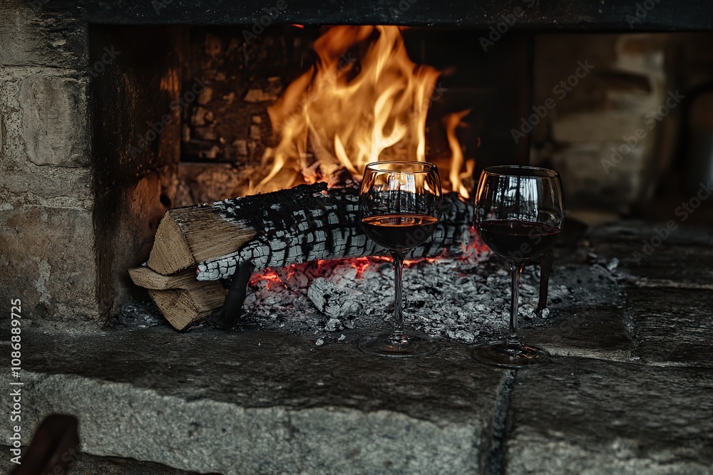 Burning fireplace, close up. Cozy atmosphere autumn or winter evening. O Burning fireplace, close up. Cozy atmosphere autumn or winter evening. O