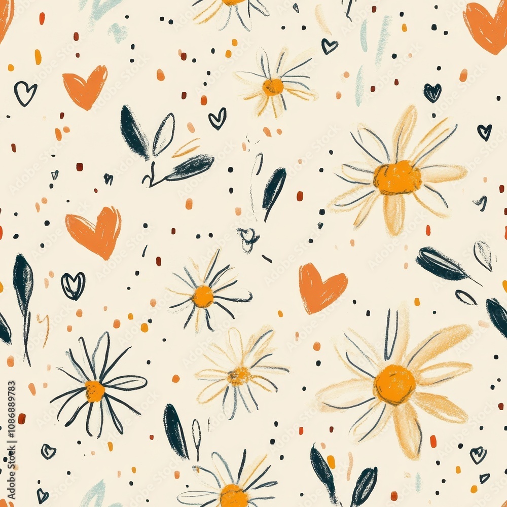Charming Hand-Drawn Daisies and Hearts Pattern Background Charming Hand-Drawn Daisies and Hearts Pattern Background