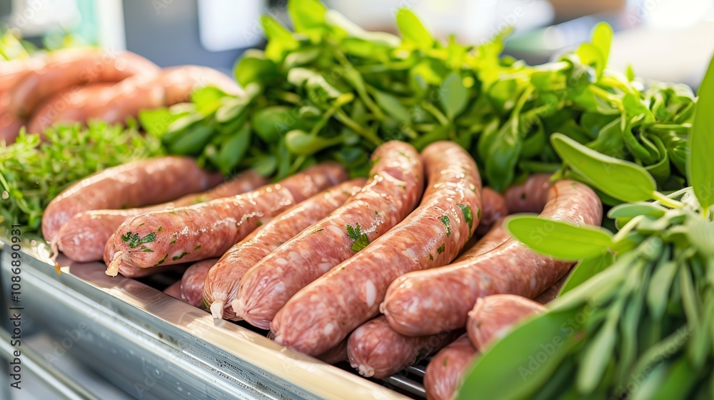 fresh halal food and grocery. Fresh sausages are displayed alongside vibrant green herbs at a market, showcasing a colorful and appetizing selection of meats. fresh halal food and grocery. Fresh sausages are displayed alongside vibrant green herbs at a market, showcasing a colorful and appetizing selection of meats.