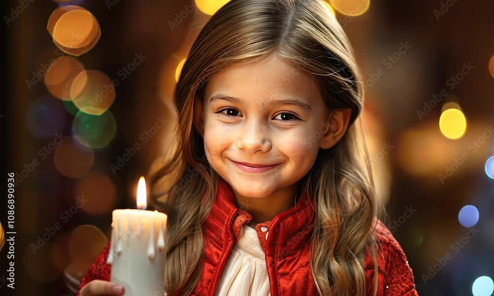 A joyful child holding a candle illuminates the festive atmosphere in a cozy setting during the holiday season A joyful child holding a candle illuminates the festive atmosphere in a cozy setting during the holiday season