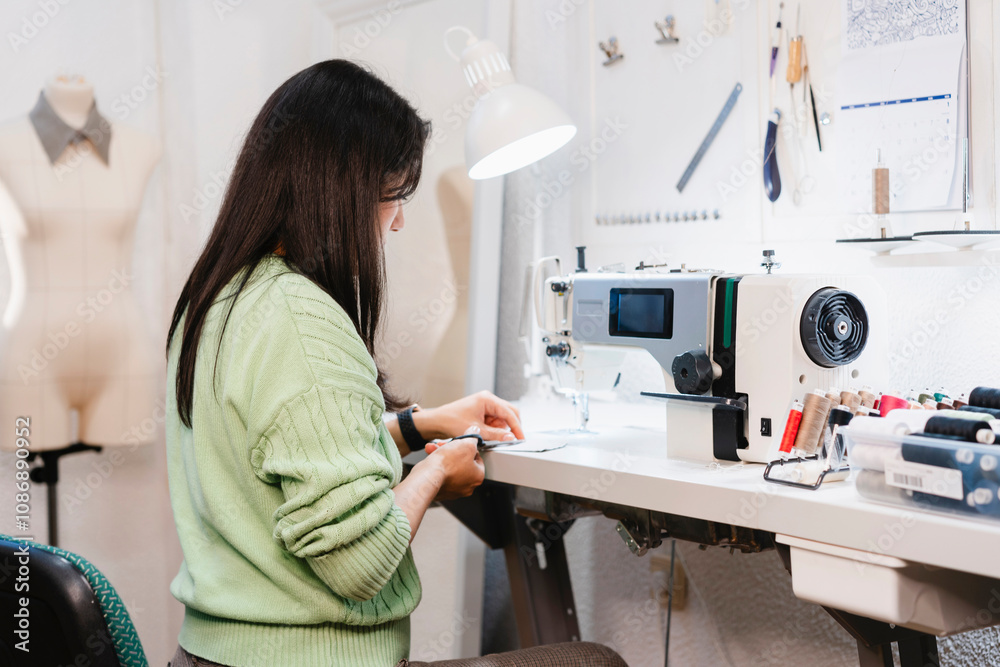 Fashion designer working on sewing machine in fashion studio Fashion designer working on sewing machine in fashion studio