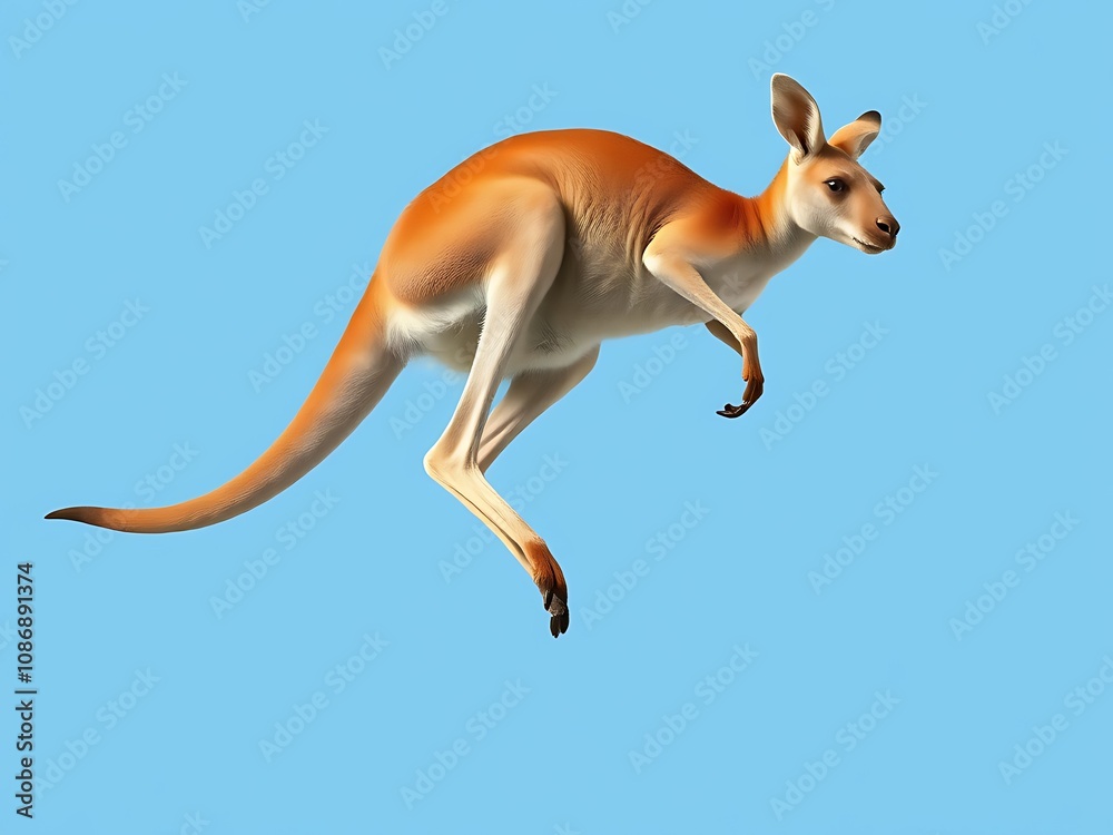 Red Kangaroo in Leap: Vibrant Digital Painting against a Sky Blue Background. AI Generated
