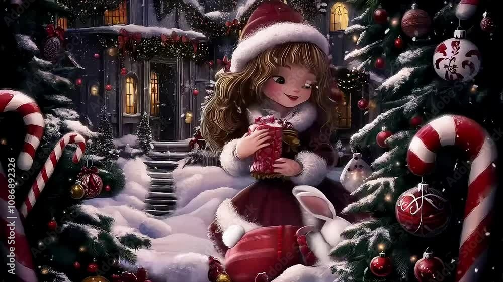 A whimsical digital artwork video depicting the magical world of Wonderland, with colorful candy canes surrounding an ornately decorated girl and bunny against a backdrop of winter snow and Christmas A whimsical digital artwork video depicting the magical world of Wonderland, with colorful candy canes surrounding an ornately decorated girl and bunny against a backdrop of winter snow and Christmas