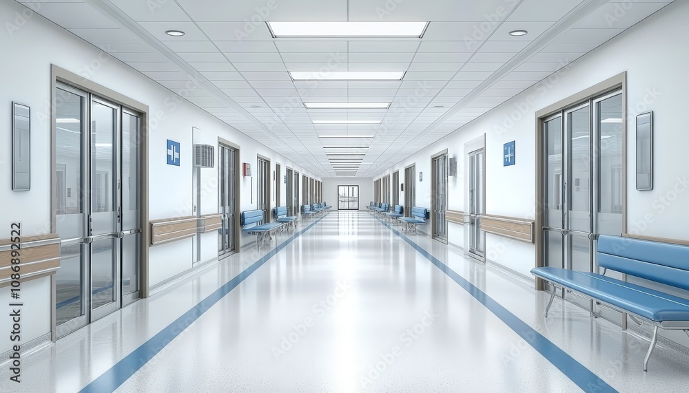 Modern hospital corridor with blue and white design
