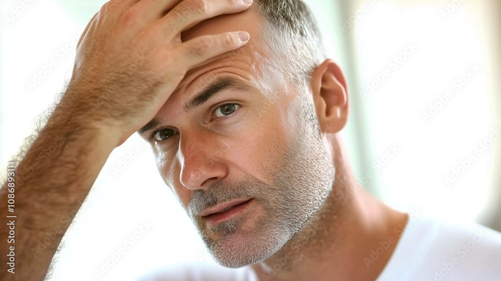 Fototapeta premium Attractive Caucasian male adult in his 30s concerned about baldness looks into the mirror to examine his premature receding hairline. 