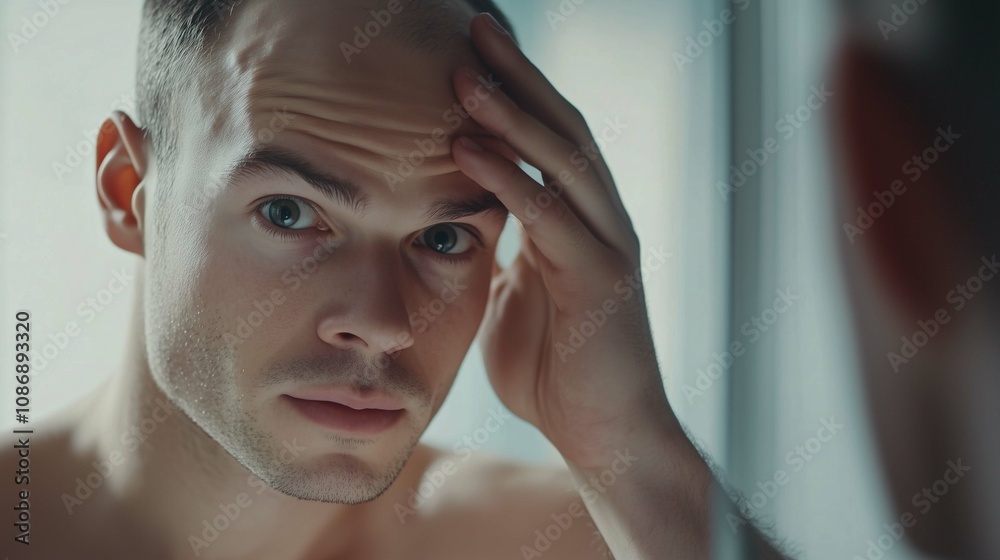 Fototapeta premium Attractive Caucasian male adult in his 30s concerned about baldness looks into the mirror to examine his premature receding hairline. 