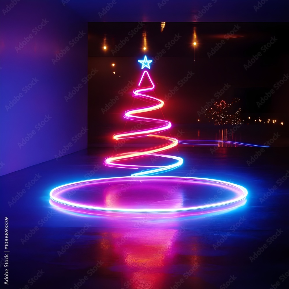 Neon Christmas Tree Display with Star Top and Illuminated Circular Base in a Modern Interior Space at Night Neon Christmas Tree Display with Star Top and Illuminated Circular Base in a Modern Interior Space at Night