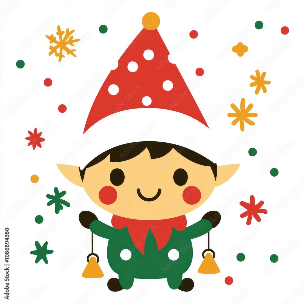 Cute Christmas Elf with Bells and Confetti Illustration Cute Christmas Elf with Bells and Confetti Illustration