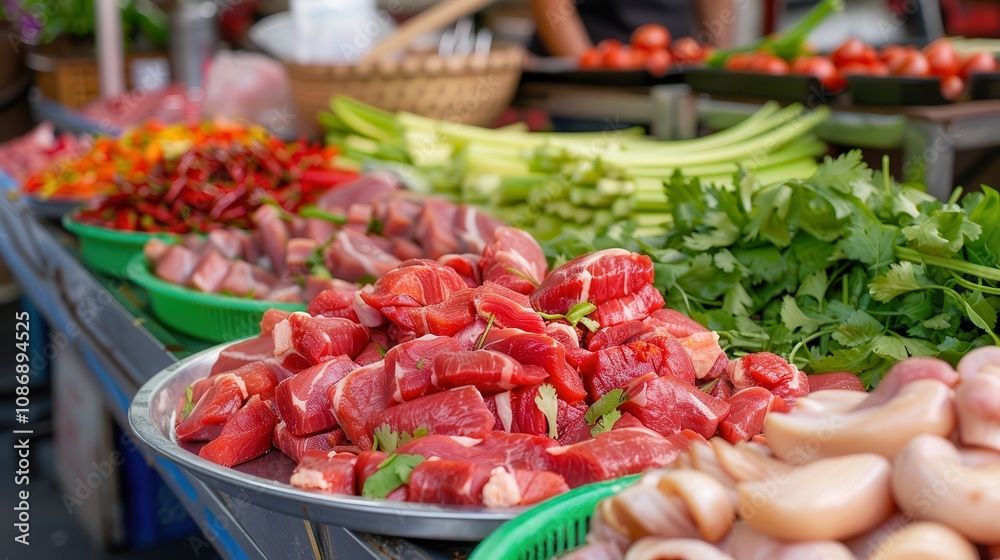 fresh halal food and grocery. A vibrant market display featuring fresh meats and vegetables, showcasing the colorful array of ingredients in a bustling food environment. fresh halal food and grocery. A vibrant market display featuring fresh meats and vegetables, showcasing the colorful array of ingredients in a bustling food environment.