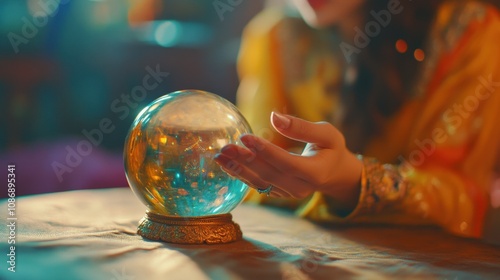 Fortune teller uses crystal ball to predict her clients future, esotericism and spirituality photo