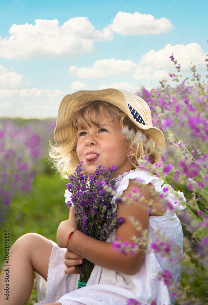 Fototapeta premium Child girl in lavender field. Selective focus.
