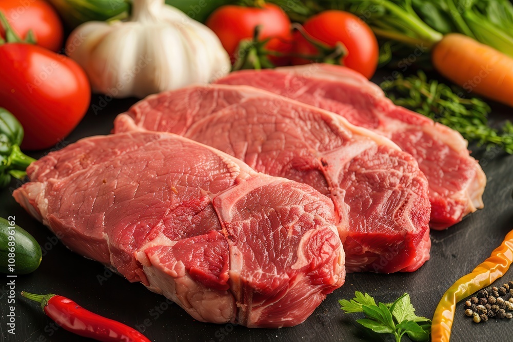 fresh halal food and grocery. Fresh cuts of red meat arranged on a dark surface, surrounded by vibrant vegetables like tomatoes, garlic, and herbs, ready for cooking. fresh halal food and grocery. Fresh cuts of red meat arranged on a dark surface, surrounded by vibrant vegetables like tomatoes, garlic, and herbs, ready for cooking.