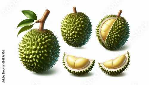 Durian fruit Realistic side, front and top view, isolated on white background illustration	
 photo