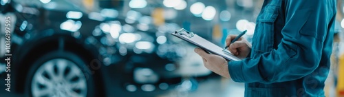 Car Mechanic Inspecting Vehicle Maintenance Order, Dedicated technician reviewing customer claims in a tidy auto repair shop, focused on engine repair and service efficiency