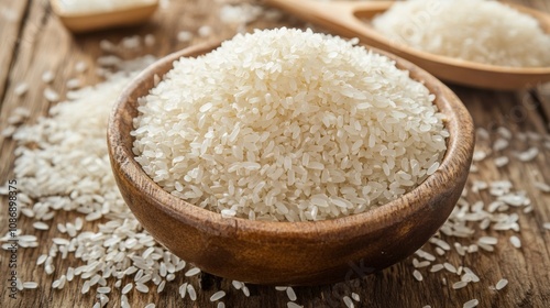 Wooden Bowl Filled with White Rice Grains on Wooden Surface