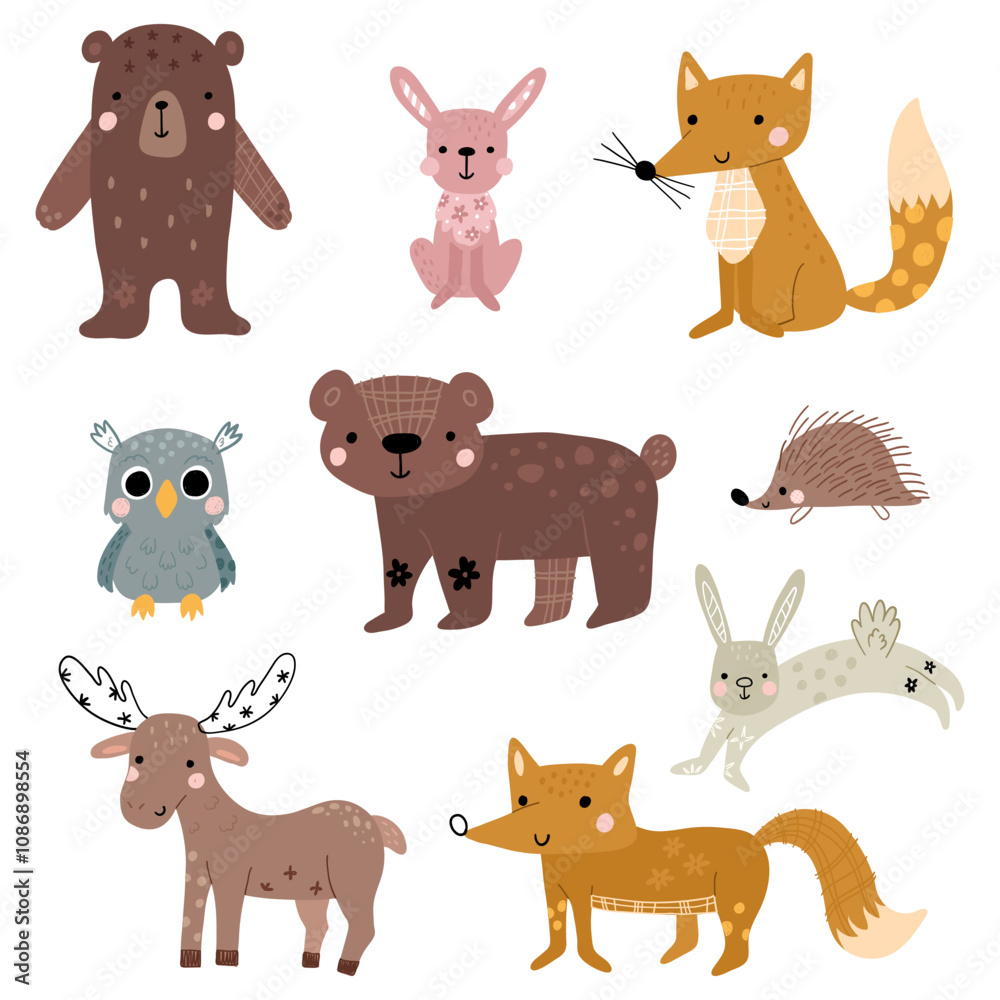 Obraz premium A collection of cute forest animals, including bears, foxes, rabbits, a hedgehog, an owl, and a moose. Each animal has a playful, cartoonish style with soft colors and decorative patterns.
