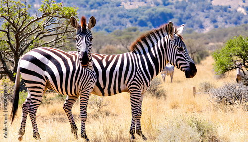 Two plains zebras (Equus burchelli) in natural habitat, South Africa.
