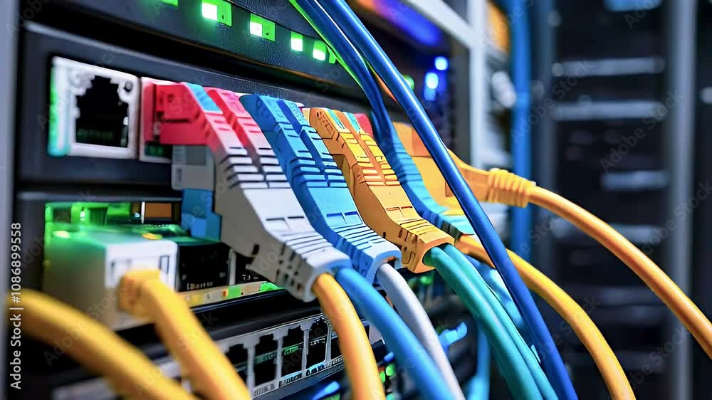 Close-up of colorful network cables connected to a server rack, showing data transfer.