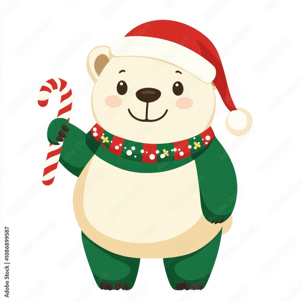 Adorable Polar Bear in Santa Hat Holding Candy Cane for Christmas Adorable Polar Bear in Santa Hat Holding Candy Cane for Christmas