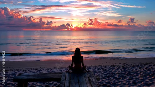 Woman meditating on a wooden deck by the beach, facing a vibrant sunset over the ocean