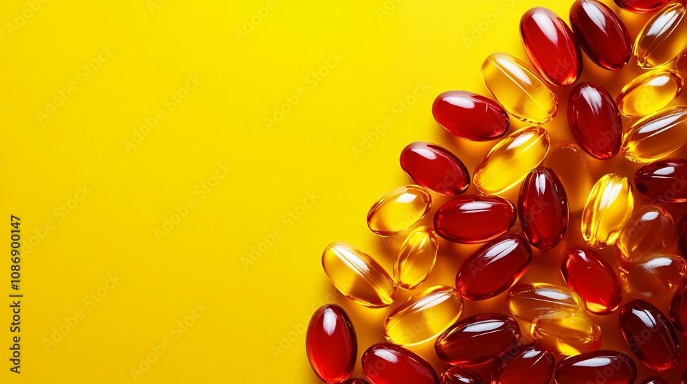 Fototapeta premium Capsules Vitamins Supplements Healthcare Medicine Yellow Background