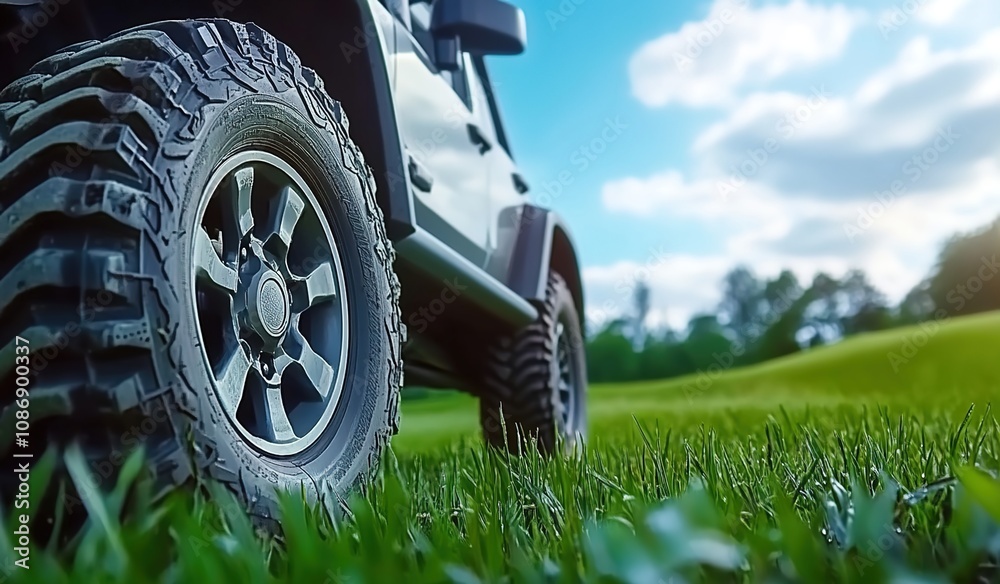 Close-up of the tire and wheel on an off-road vehicle in grass Close-up of the tire and wheel on an off-road vehicle in grass