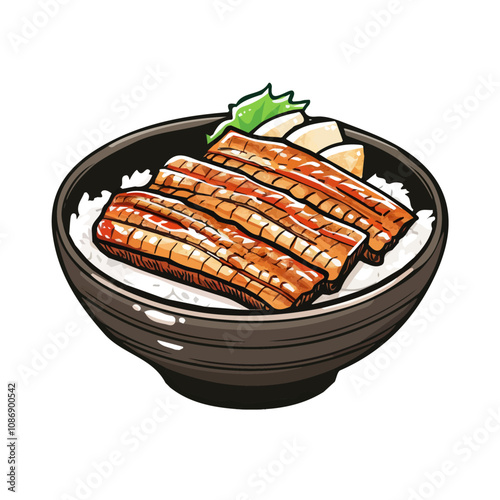 Simple flat 2D icon unagi don grilled eel over rice isolated on a blue background, vector, flat design, animation design, vector, animation design, simple flat 2D icon, minimalist icon design