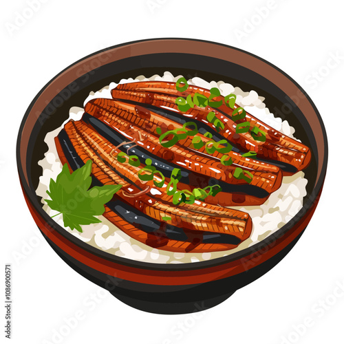Simple flat 2D icon unagi don grilled eel over rice isolated on a blue background, vector, flat design, animation design, vector, animation design, simple flat 2D icon, minimalist icon design
