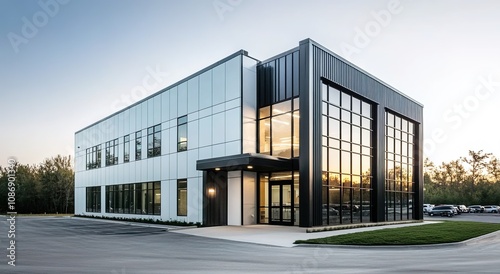 A photograph of an industrial building with a modern facade