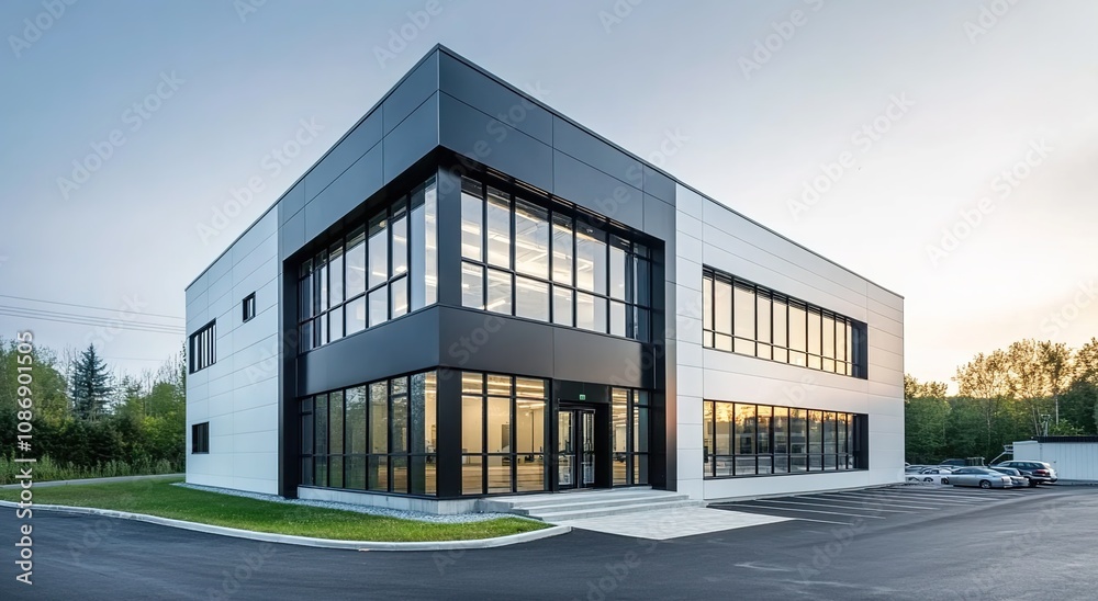 A photograph of an industrial building with a modern facade A photograph of an industrial building with a modern facade