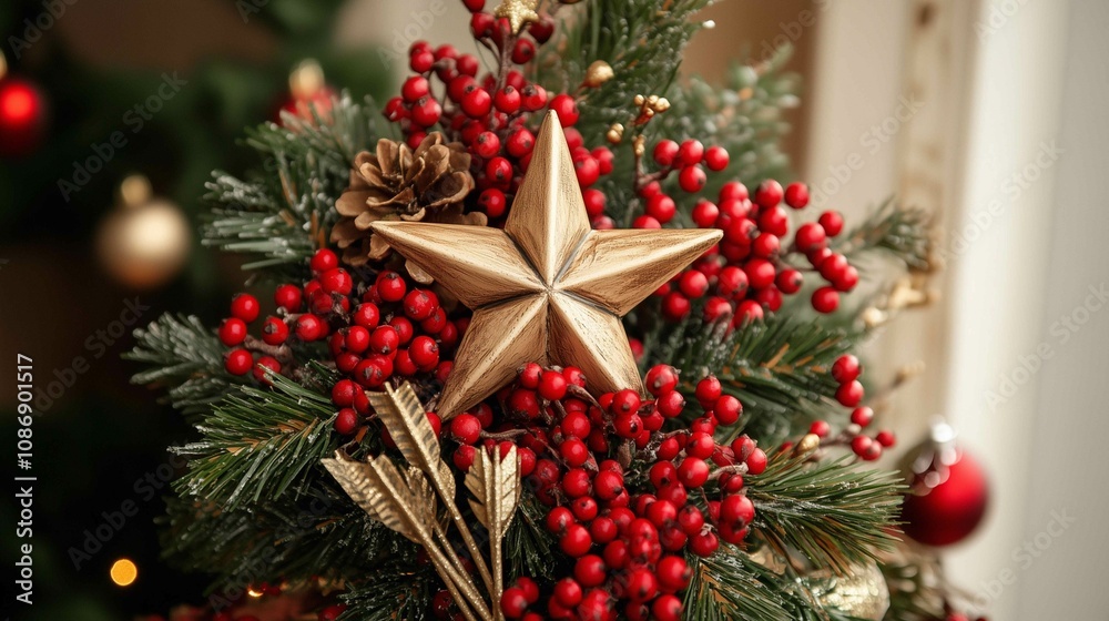 Decorative Christbaum with red berries, arrows, and stars
