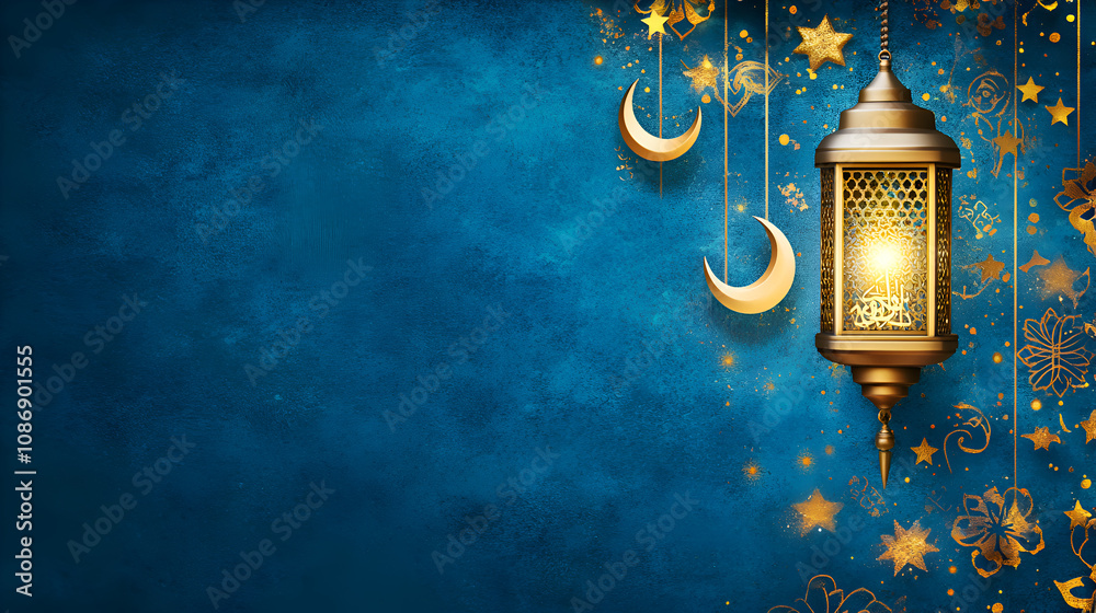 Fototapeta premium Ramadan kareem celebration. Lantern with half moon, Islamic concept. Suitable for marketing or business purposes. Panoramic banner with place for text