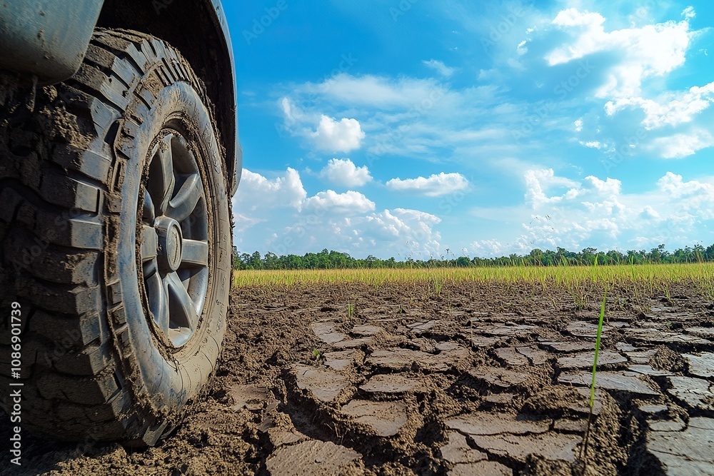 Empty dry cracked swamp reclamation soil, land plot for housing construction project with car tire print in rural area and beautiful blue sky with fresh air Land for sales landscape concept