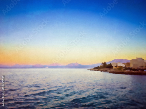 Scenic coastal view at sunset with calm water and mountain silhouettes. photo