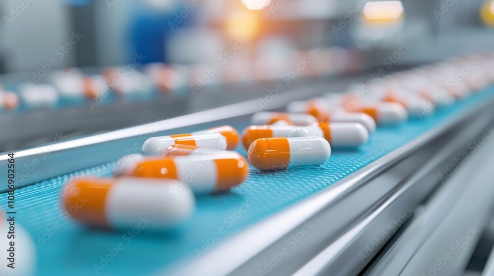 Pharmaceutical Production Line, a bustling factory scene showcasing pills moving along a conveyor belt, highlighting the intricate processes of medication manufacturing. Pharmaceutical Production Line, a bustling factory scene showcasing pills moving along a conveyor belt, highlighting the intricate processes of medication manufacturing.