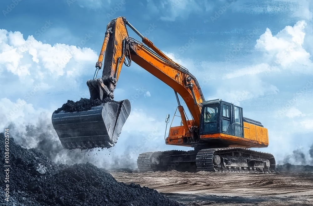 An excavator is digging in the coal mine, with a blue sky and white clouds above it An excavator is digging in the coal mine, with a blue sky and white clouds above it