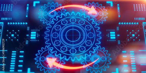 Gears icon on a digital display with reflection. Concept of business process workflow optimization and automation, digital transformation, robotic process automation and flowing process management.