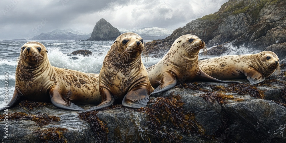 Fototapeta premium Sea lions on rocky shoreline in storm 