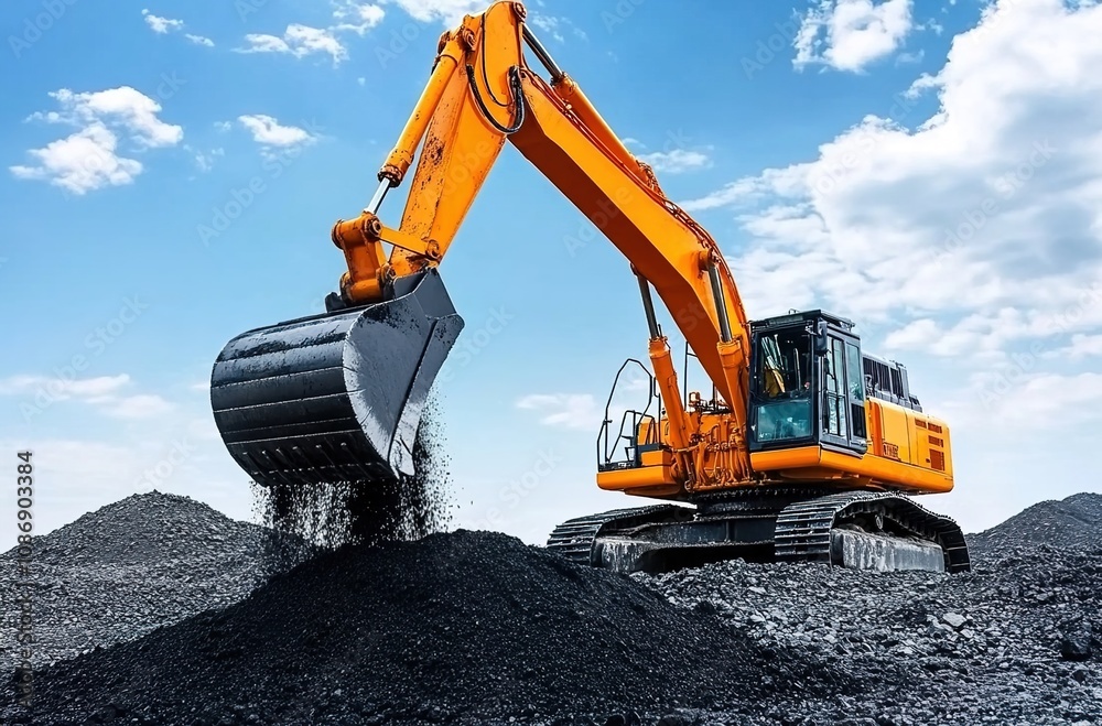 An excavator is digging in the coal mine, with a blue sky and white clouds above it An excavator is digging in the coal mine, with a blue sky and white clouds above it